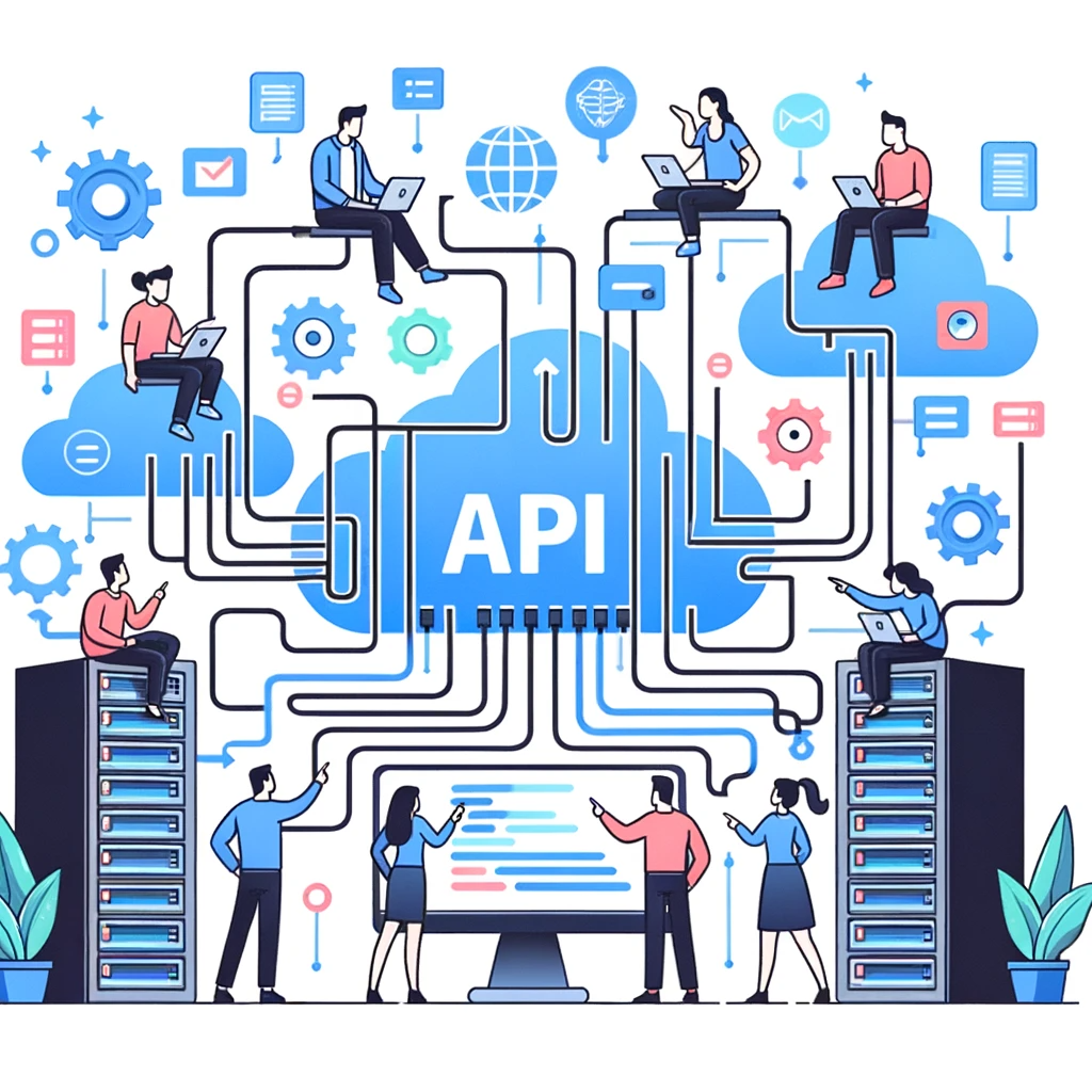 Developers interacting with a cloud-based API connected to servers and data flow.