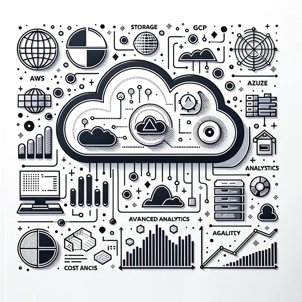 Cloud computing infrastructure with integrated analytics, including AWS, GCP, and Azure services.