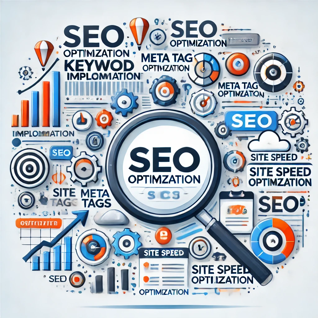 SEO optimization process with keyword implementation, meta tag updates, and site speed improvements for better rankings.