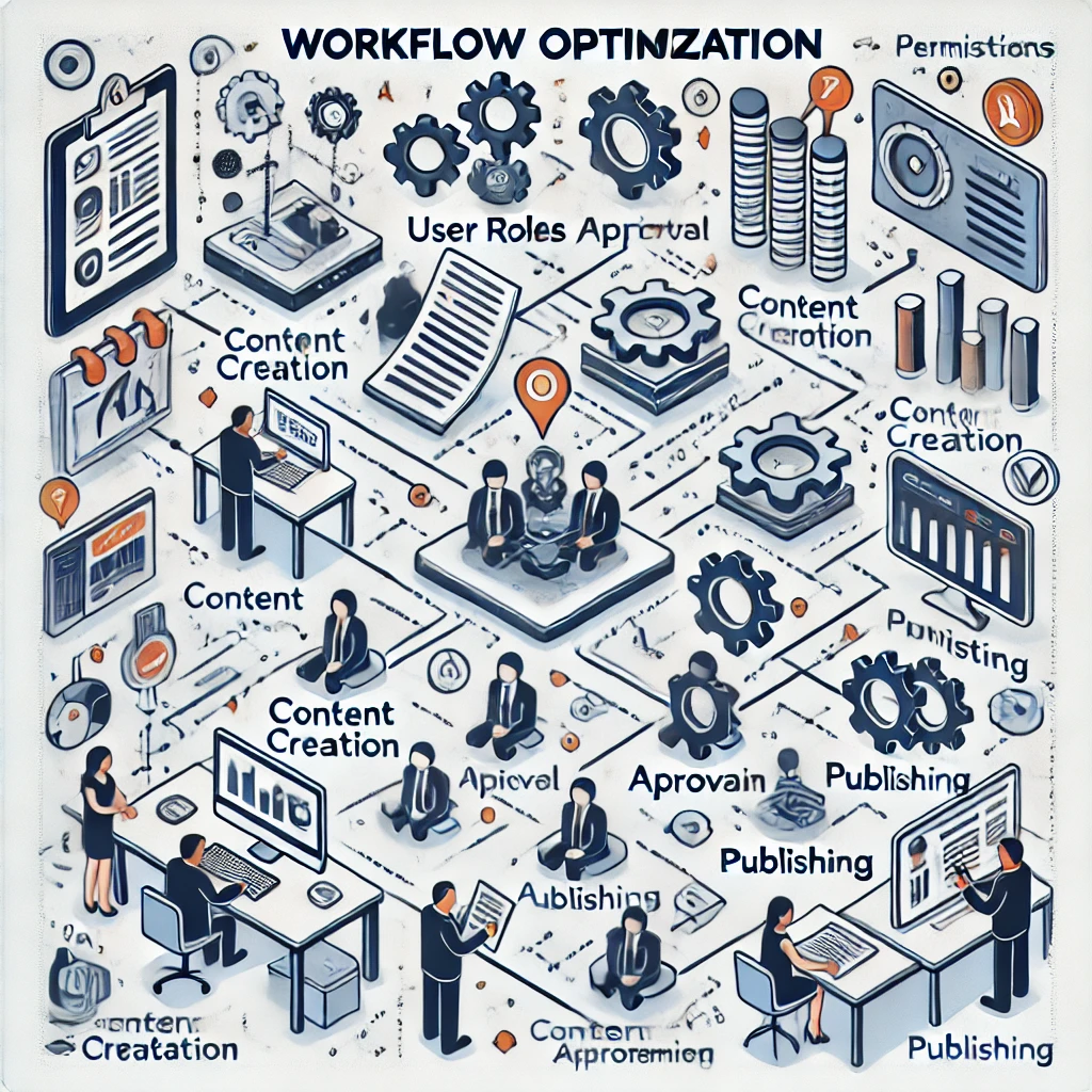 workflow optimization process showing content creation, approval, publishing, and user role management